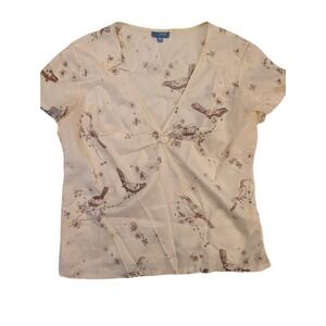 Saltwater Size 10 Top Womens Blouse Floral Bird Print Short Sleeve V Neck Sz 10